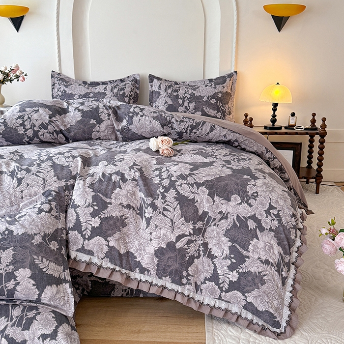 91家纺网 家纺一手货源 找家纺 韩约家纺 2025秋冬加厚1双层刺绣花边床单款棉麻四件套 玉环