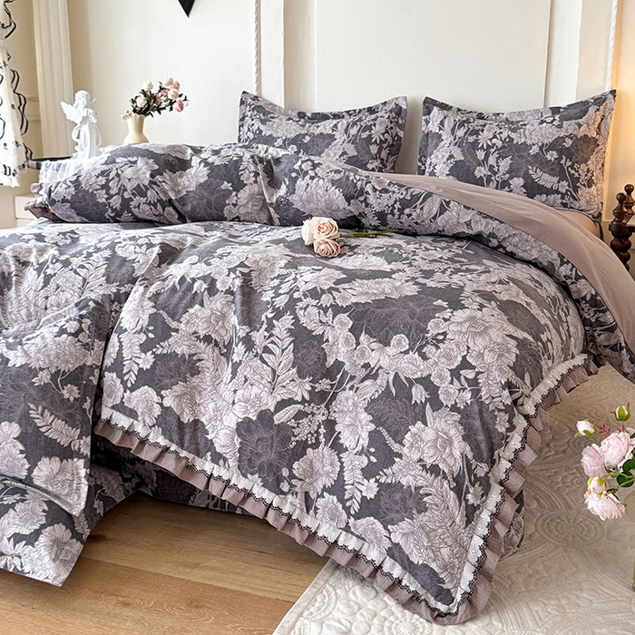 91家纺网 家纺一手货源 找家纺 韩约家纺 2025秋冬加厚1双层刺绣花边床单款棉麻四件套 玉环