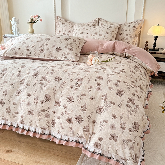 91家纺网 家纺一手货源 找家纺 韩约家纺 2025秋冬加厚1双层刺绣花边床单款棉麻四件套 云絮