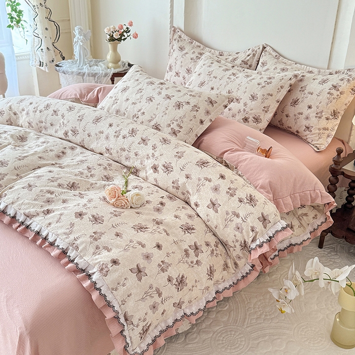 91家纺网 家纺一手货源 找家纺 韩约家纺 2025秋冬加厚1双层刺绣花边床单款棉麻四件套 云絮