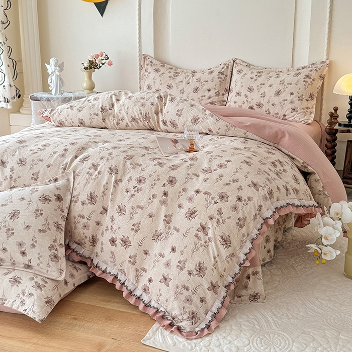 91家纺网 家纺一手货源 找家纺 韩约家纺 2025秋冬加厚1双层刺绣花边床单款棉麻四件套 云絮