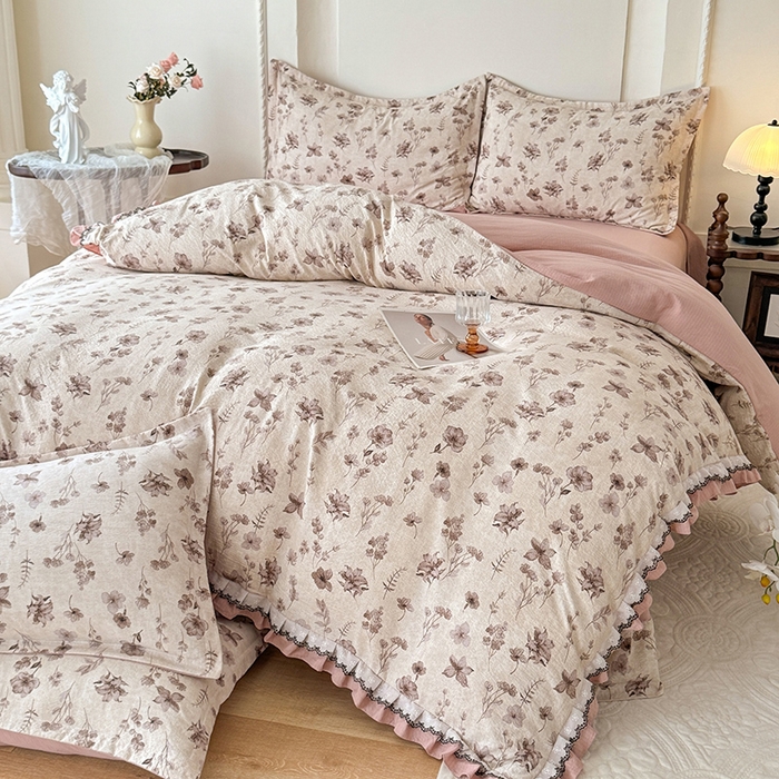 91家纺网 家纺一手货源 找家纺 韩约家纺 2025秋冬加厚1双层刺绣花边床单款棉麻四件套 云絮