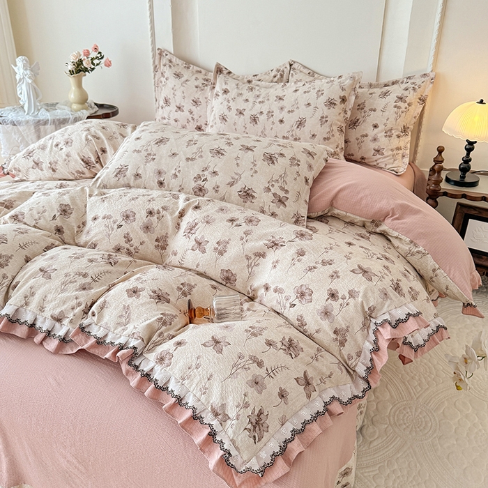 91家纺网 家纺一手货源 找家纺 韩约家纺 2025秋冬加厚1双层刺绣花边床单款棉麻四件套 云絮