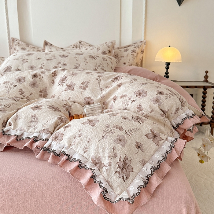 91家纺网 家纺一手货源 找家纺 韩约家纺 2025秋冬加厚1双层刺绣花边床单款棉麻四件套 云絮