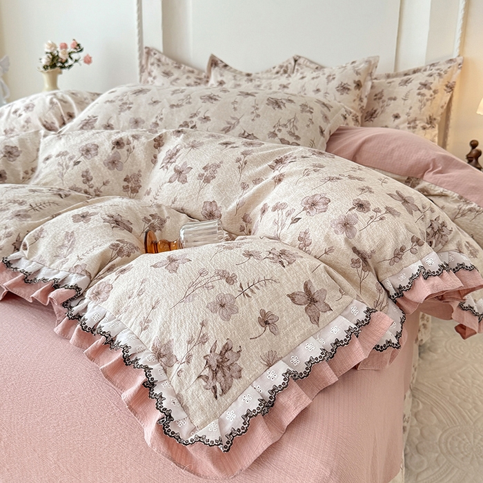 91家纺网 家纺一手货源 找家纺 韩约家纺 2025秋冬加厚1双层刺绣花边床单款棉麻四件套 云絮