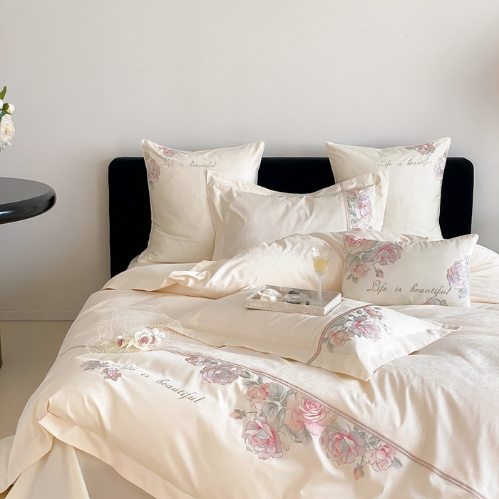 91家纺网 家纺一手货源 找家纺 初拾 2025新款100s全棉纯棉小法式刺绣四件套-杜乐丽花园 杜乐丽花园-奶昔白