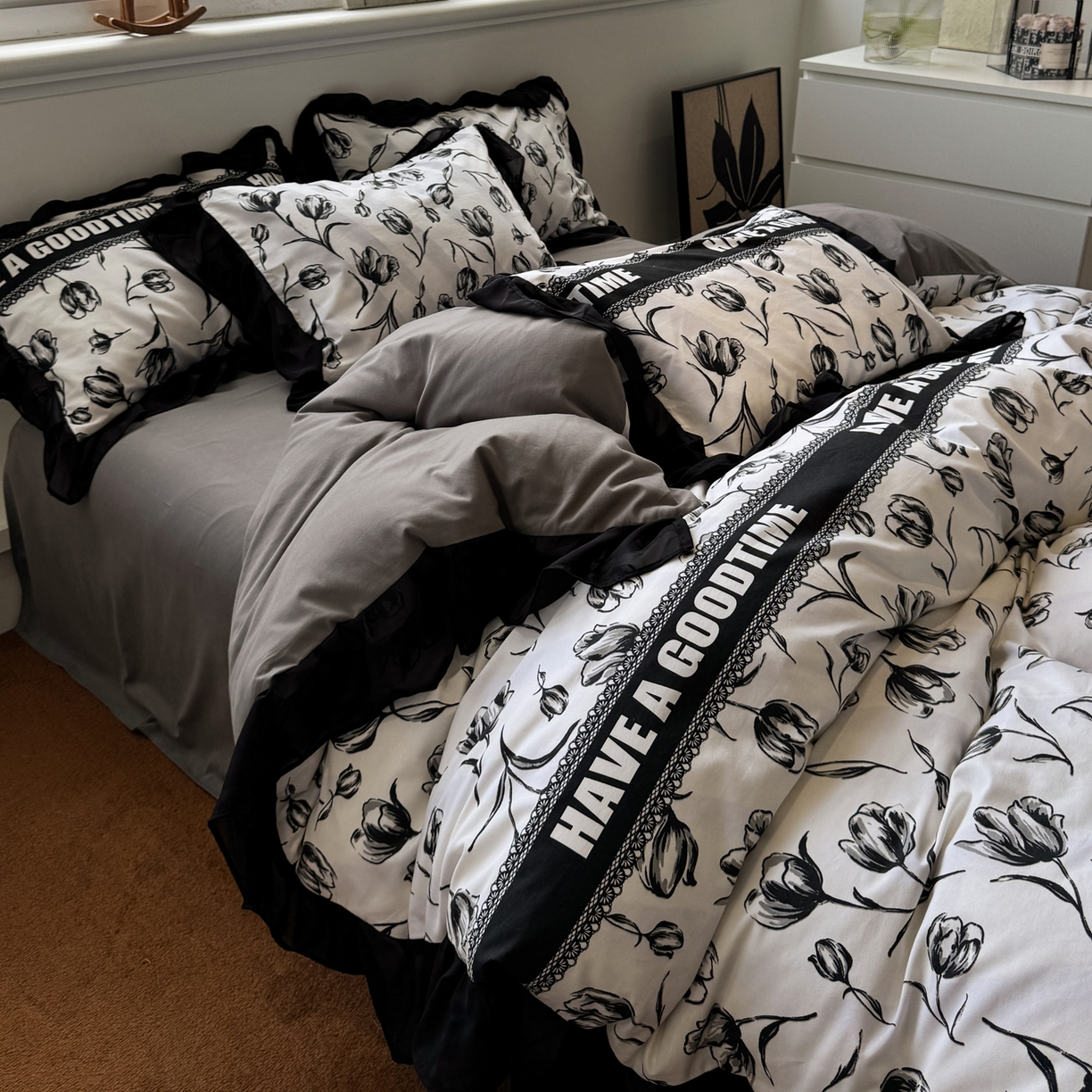 雅居纺家纺 2025新款全棉纯棉赫本风磨毛蕾丝花边四件套-风格二 梦幻郁金香