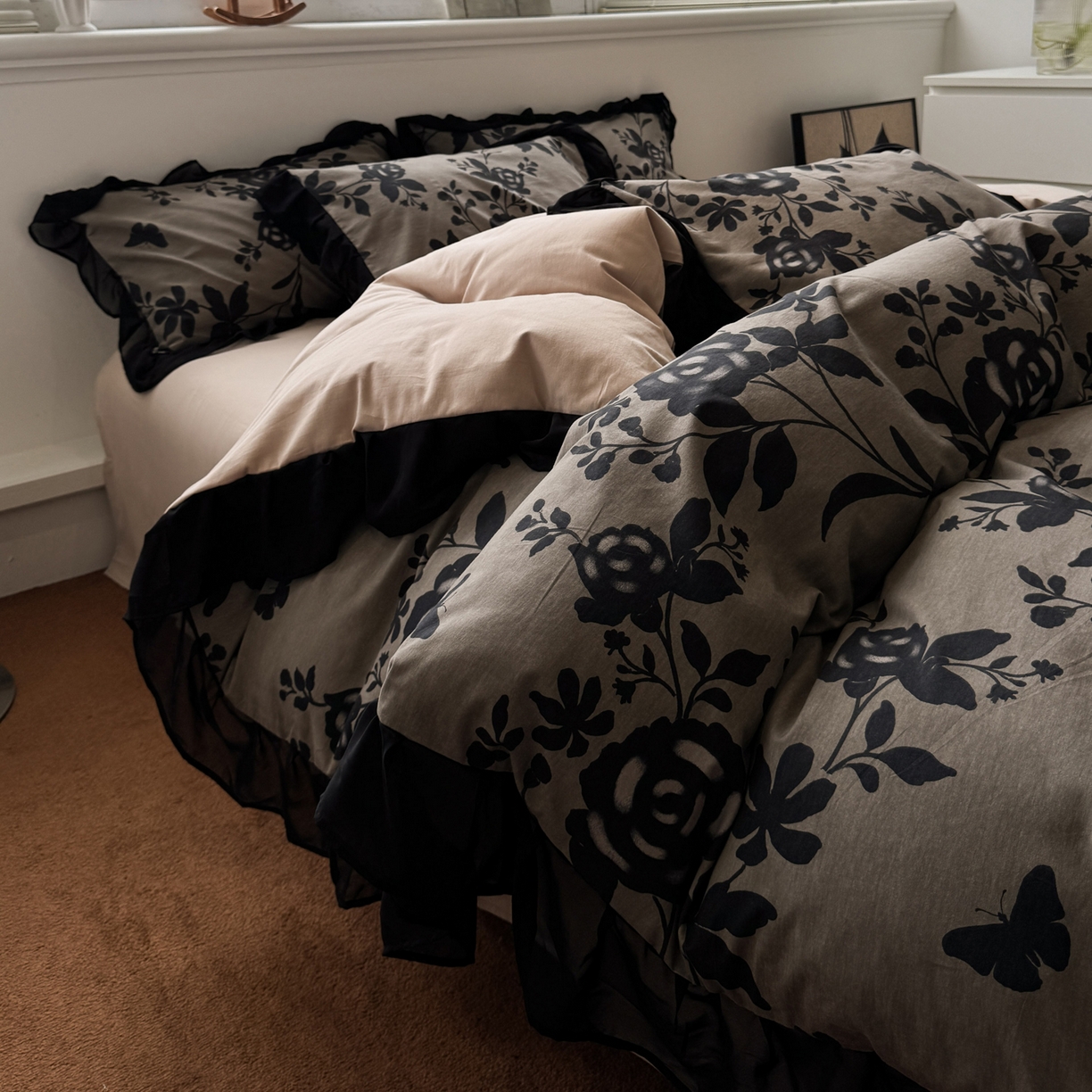 雅居纺家纺 2025新款全棉纯棉赫本风磨毛蕾丝花边四件套-风格二 水墨玫瑰