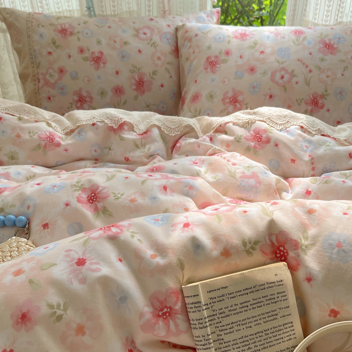 91家纺网 家纺一手货源 找家纺 雅居纺家纺 2025新款全棉纯棉韩版花边磨毛四件套 花边粉色花漾