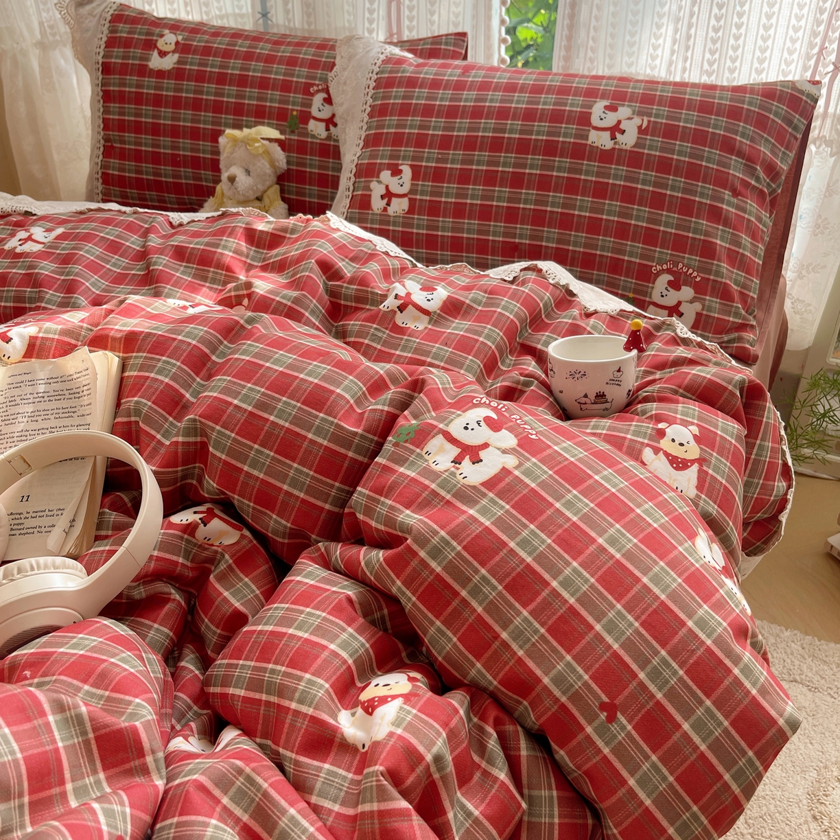 雅居纺家纺 2025新款全棉纯棉韩版花边磨毛四件套 花边红色小狗