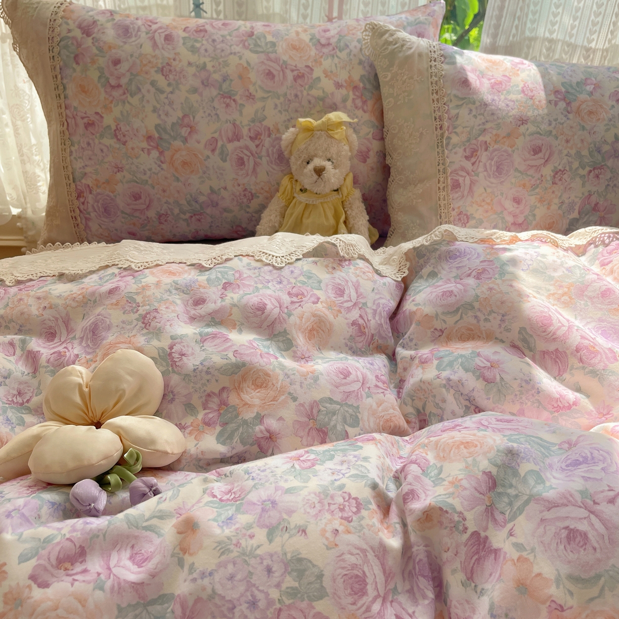 91家纺网 家纺一手货源 找家纺 雅居纺家纺 2025新款全棉纯棉韩版花边磨毛四件套 花边紫色花语