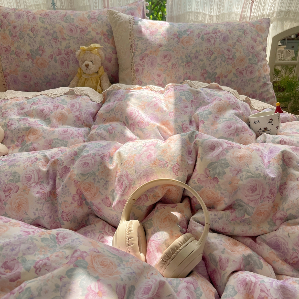 91家纺网 家纺一手货源 找家纺 雅居纺家纺 2025新款全棉纯棉韩版花边磨毛四件套 花边紫色花语