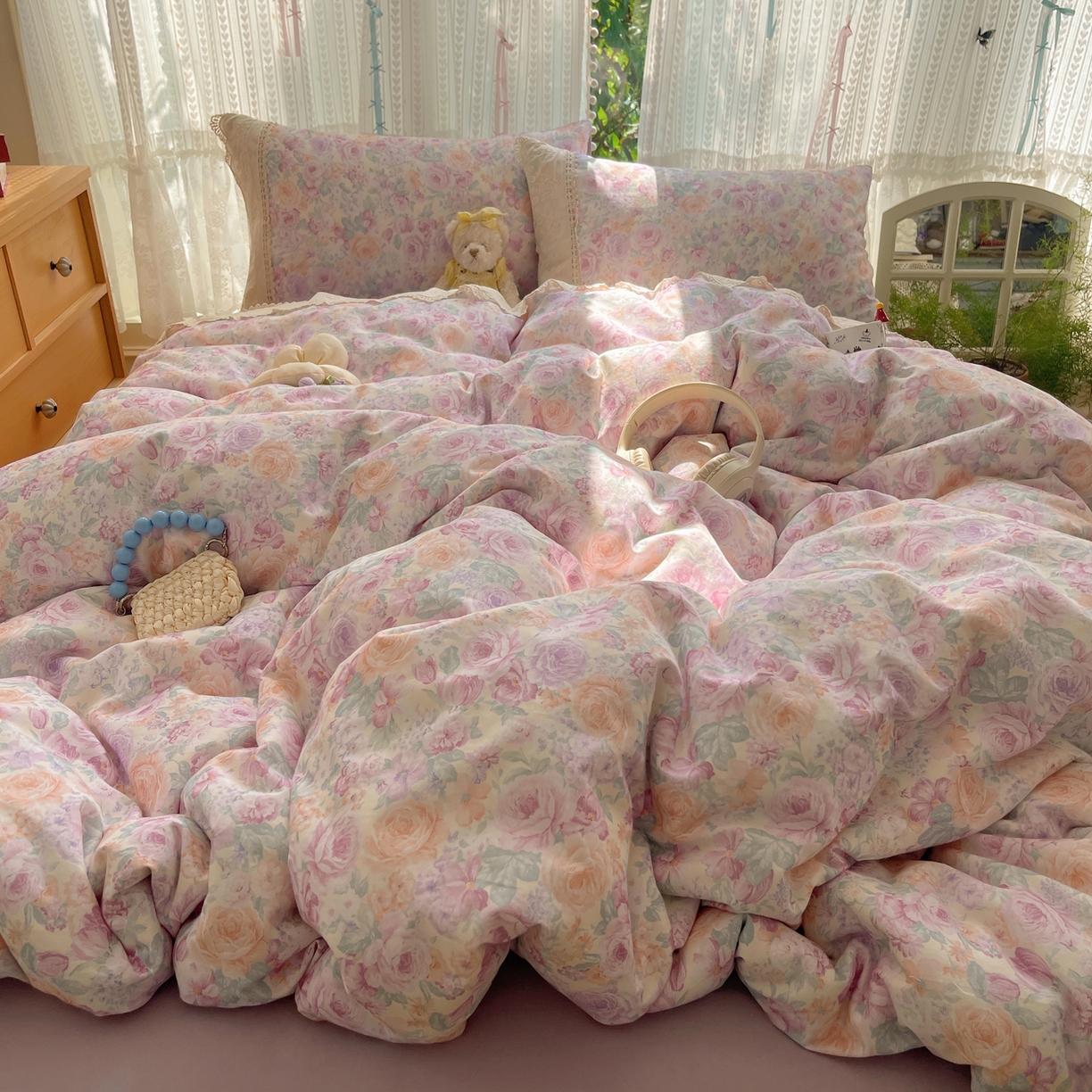 91家纺网 家纺一手货源 找家纺 雅居纺家纺 2025新款全棉纯棉韩版花边磨毛四件套 花边紫色花语