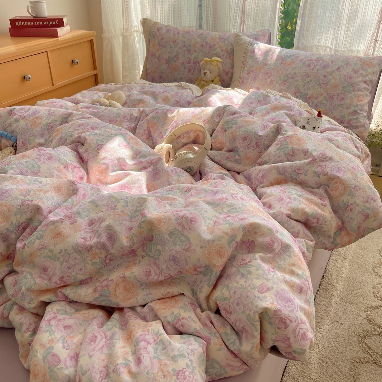 91家纺网 家纺一手货源 找家纺 雅居纺家纺 2025新款全棉纯棉韩版花边磨毛四件套 花边紫色花语