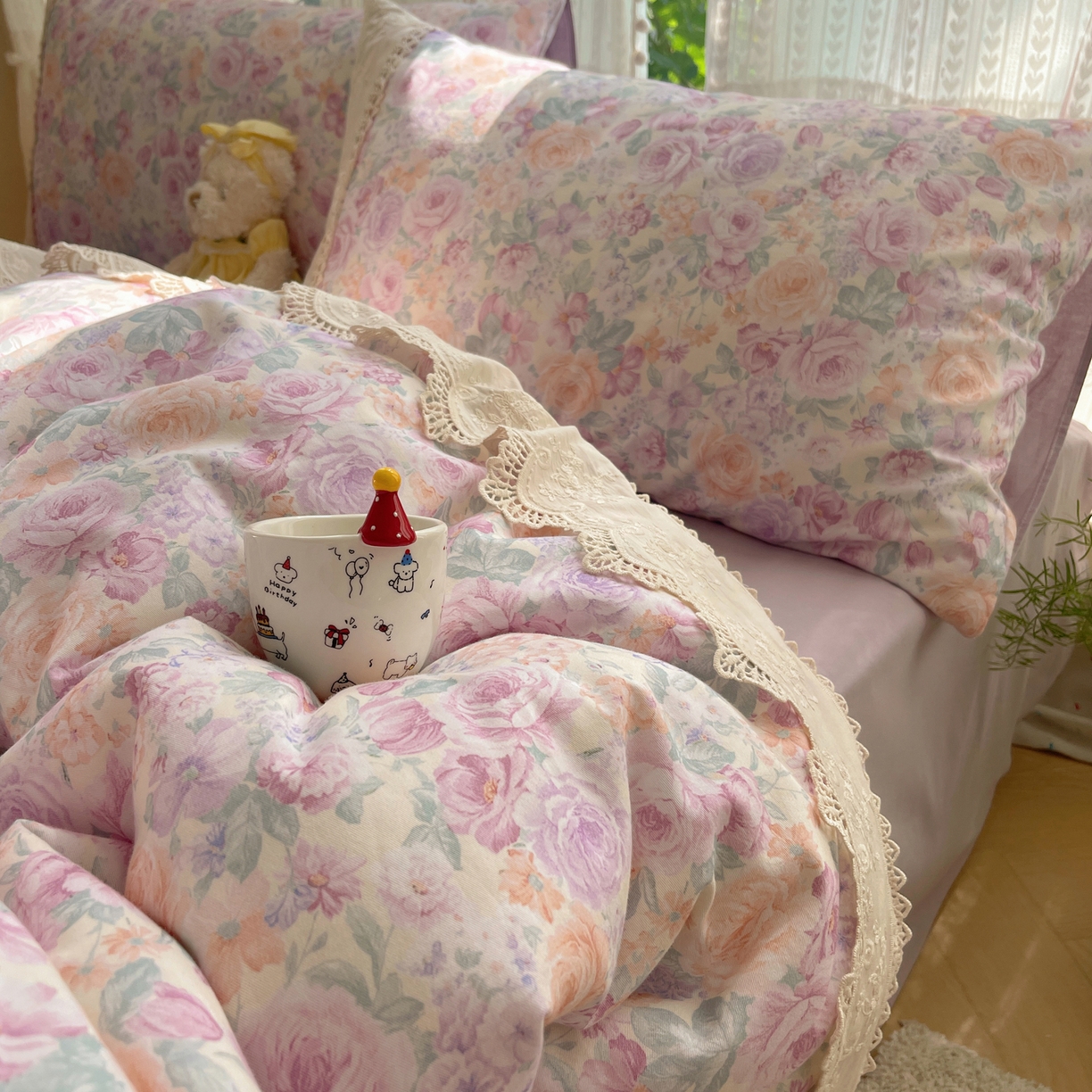 91家纺网 家纺一手货源 找家纺 雅居纺家纺 2025新款全棉纯棉韩版花边磨毛四件套 花边紫色花语