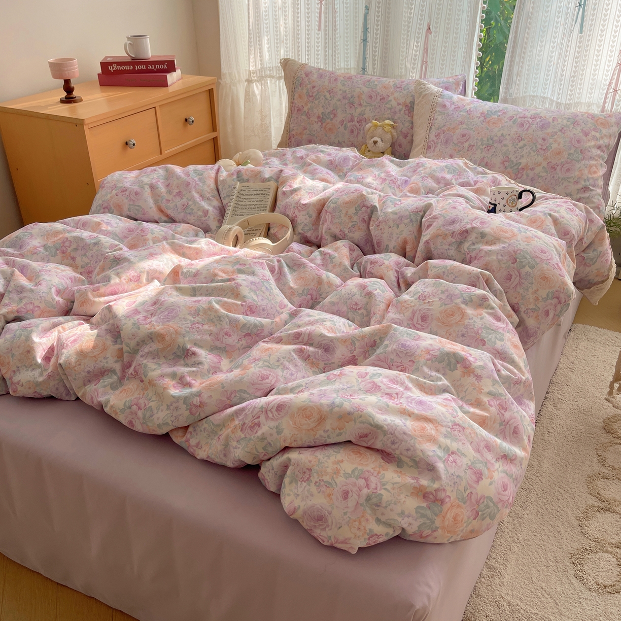 91家纺网 家纺一手货源 找家纺 雅居纺家纺 2025新款全棉纯棉韩版花边磨毛四件套 花边紫色花语