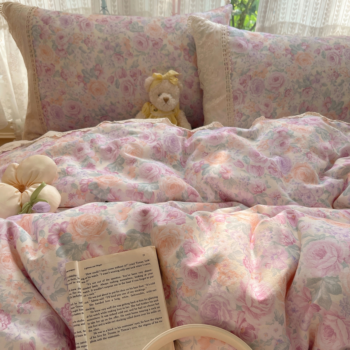 91家纺网 家纺一手货源 找家纺 雅居纺家纺 2025新款全棉纯棉韩版花边磨毛四件套 花边紫色花语