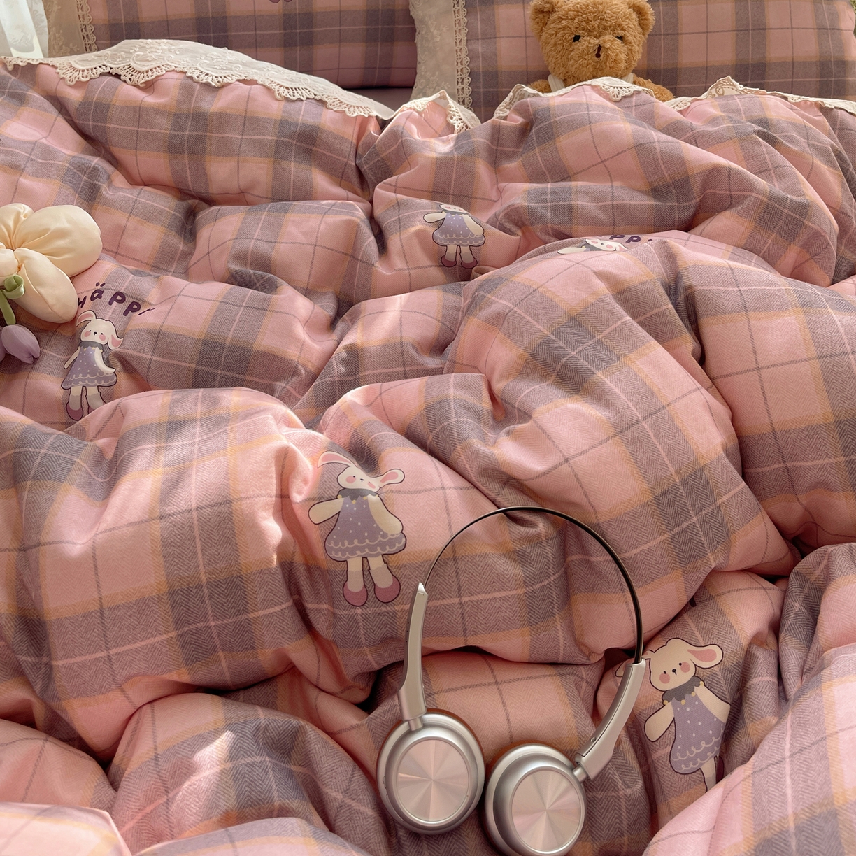 91家纺网 家纺一手货源 找家纺 雅居纺家纺 2025新款全棉纯棉韩版花边磨毛四件套 花边紫色小兔子