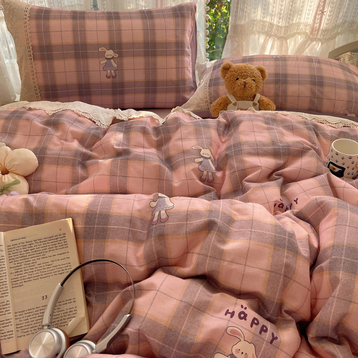 91家纺网 家纺一手货源 找家纺 雅居纺家纺 2025新款全棉纯棉韩版花边磨毛四件套 花边紫色小兔子