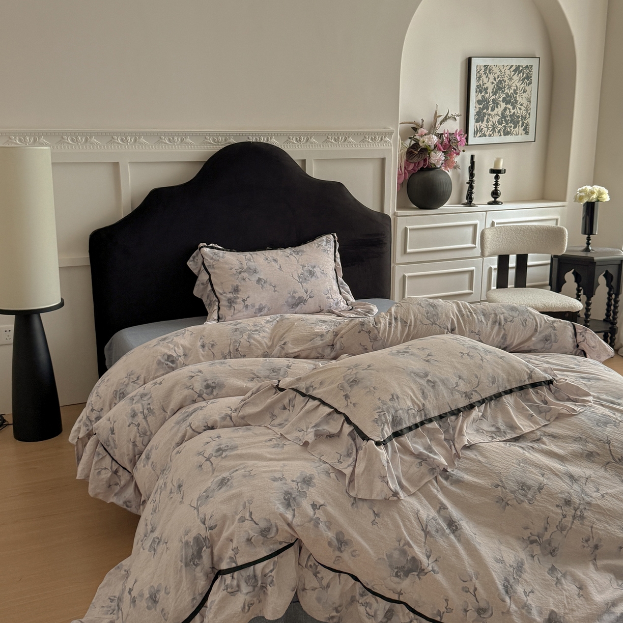 吾欢心 2025新款法式加厚复古亚麻皱皱纱印花款四件套 花都密语