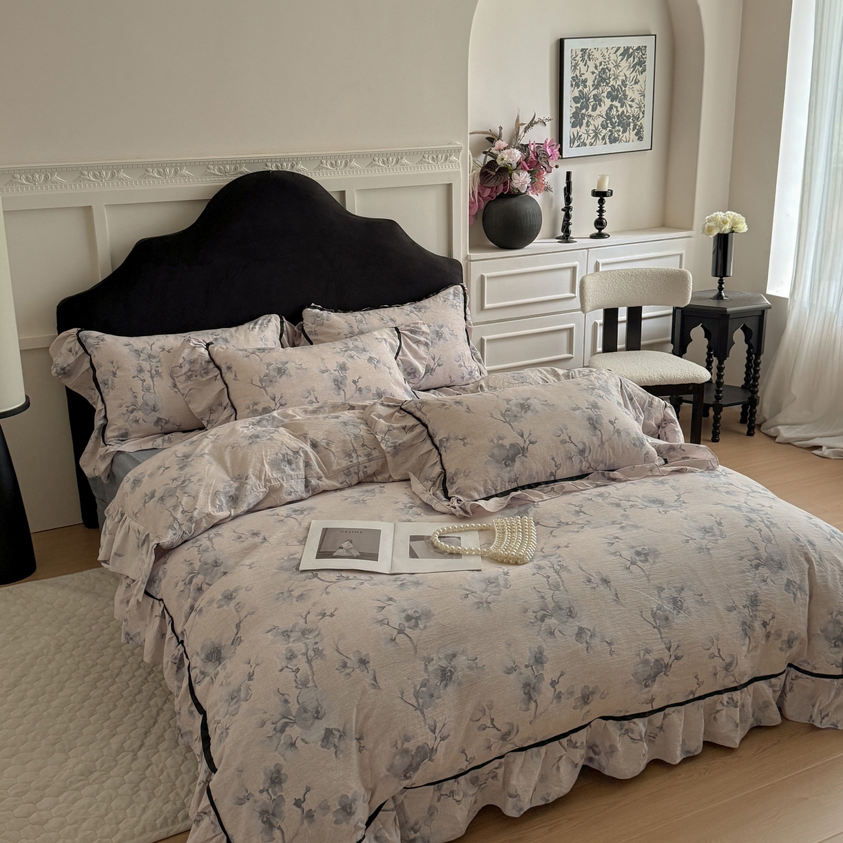 91家纺网 家纺一手货源 找家纺 吾欢心 2025新款法式加厚复古亚麻皱皱纱印花款四件套 花都密语