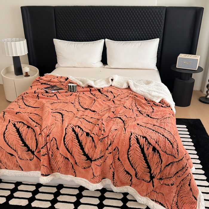 91家纺网 家纺一手货源 找家纺 丹本家纺 2025新款双层阳离子叶子提花塔芙绒羊羔绒跨境双层毛毯盖毯毯子 叶子橘色