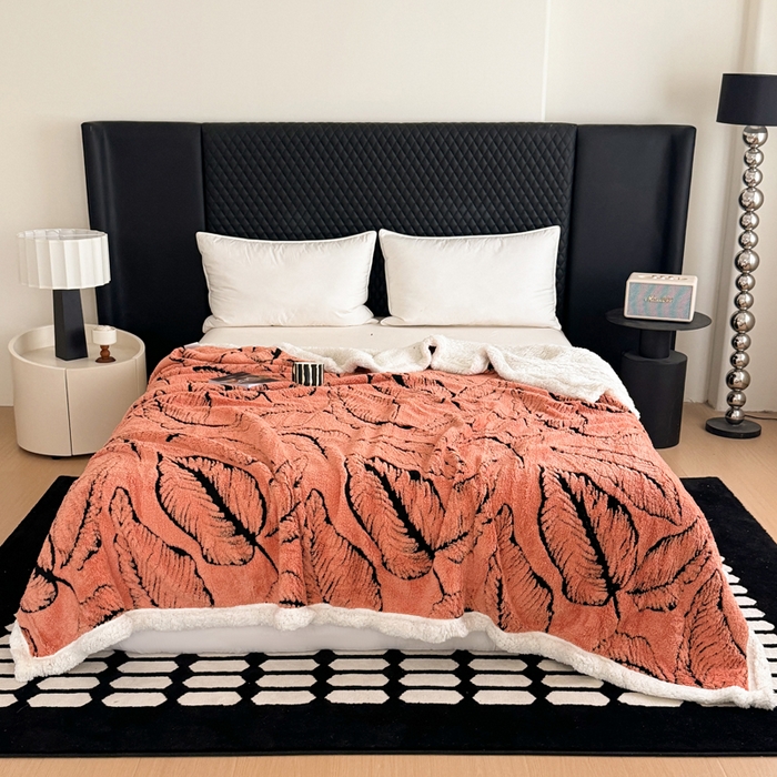 91家纺网 家纺一手货源 找家纺 丹本家纺 2025新款双层阳离子叶子提花塔芙绒羊羔绒跨境双层毛毯盖毯毯子 叶子橘色