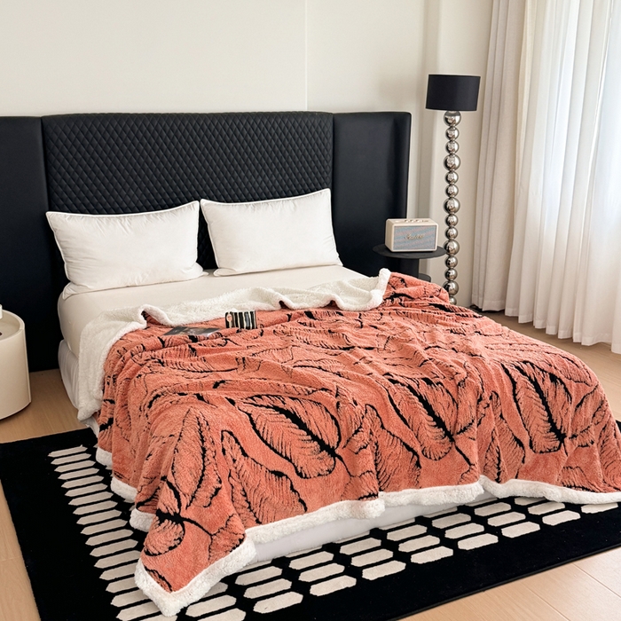 91家纺网 家纺一手货源 找家纺 丹本家纺 2025新款双层阳离子叶子提花塔芙绒羊羔绒跨境双层毛毯盖毯毯子 叶子橘色