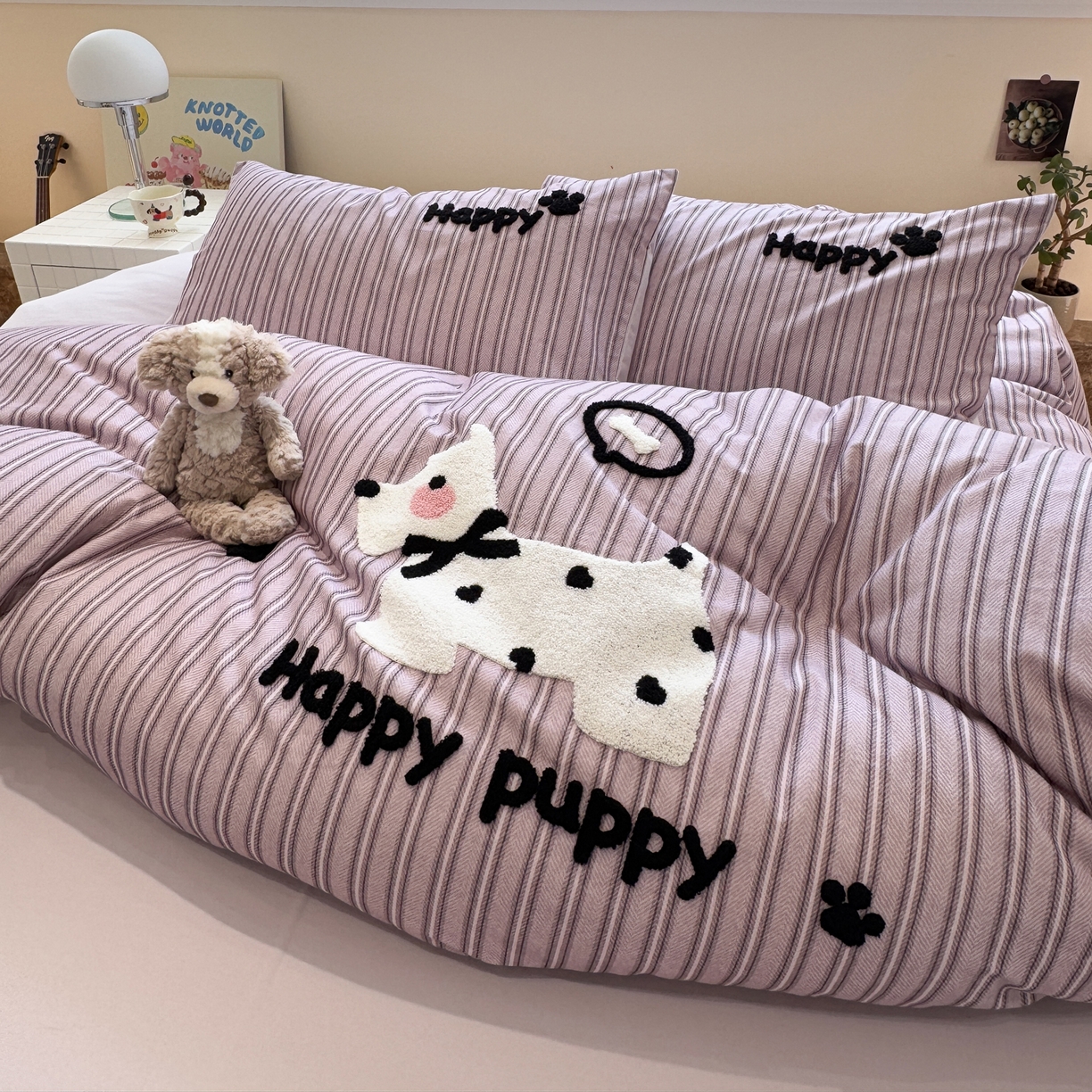 雅居纺家纺 2025新款全棉纯棉磨毛毛巾绣四件套 蝴蝶结爱心狗狗