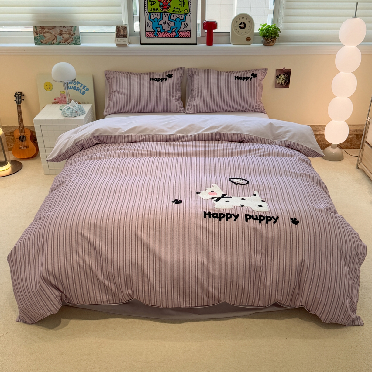 91家纺网 家纺一手货源 找家纺 雅居纺家纺 2025新款全棉纯棉磨毛毛巾绣四件套 蝴蝶结爱心狗狗