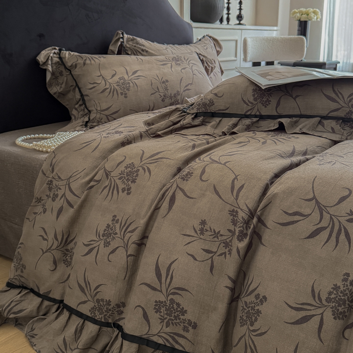 91家纺网 家纺一手货源 找家纺 吾欢心 2025新款法式加厚复古亚麻皱皱纱印花款四件套 叙语时光