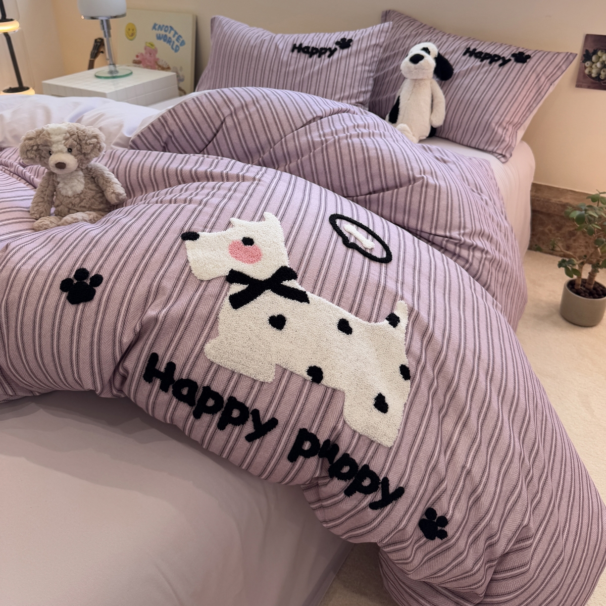 91家纺网 家纺一手货源 找家纺 雅居纺家纺 2025新款全棉纯棉磨毛毛巾绣四件套 蝴蝶结爱心狗狗