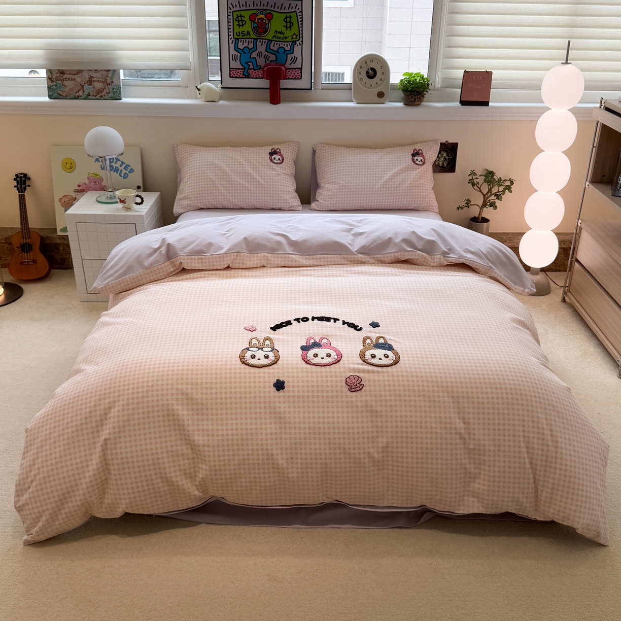 91家纺网 家纺一手货源 找家纺 雅居纺家纺 2025新款全棉纯棉磨毛毛巾绣四件套 奶萌兔兔