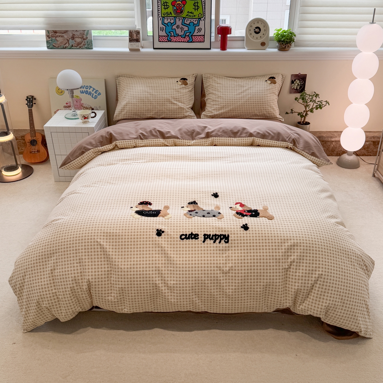 91家纺网 家纺一手货源 找家纺 雅居纺家纺 2025新款全棉纯棉磨毛毛巾绣四件套 童趣腊肠狗