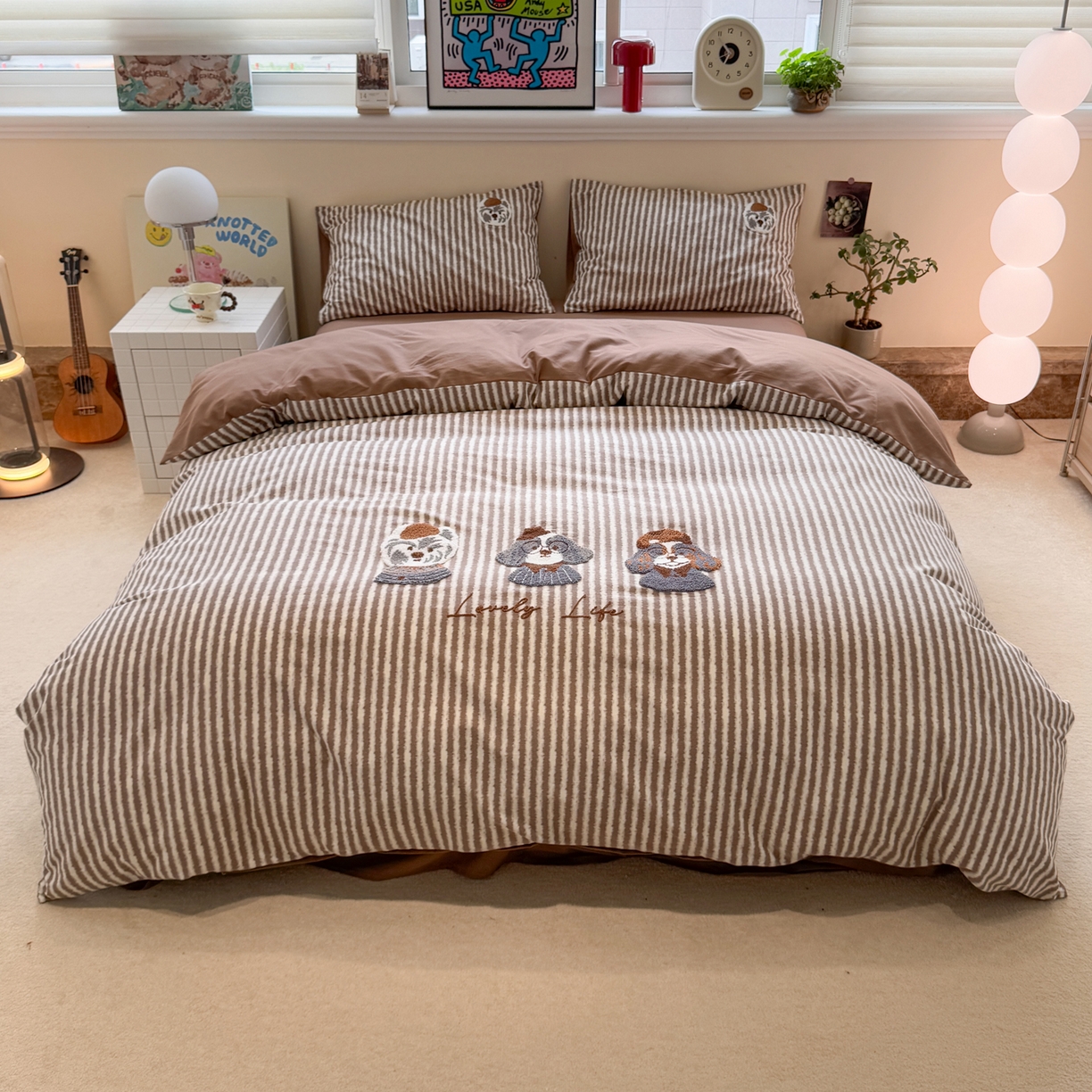 91家纺网 家纺一手货源 找家纺 雅居纺家纺 2025新款全棉纯棉磨毛毛巾绣四件套 汪汪乐园