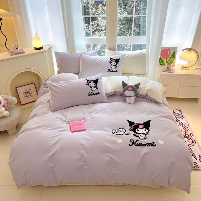 91家纺网 家纺一手货源 找家纺 雅居纺家纺 2025新款全棉纯棉磨毛三丽鸥毛巾绣四件套 爱心库洛米