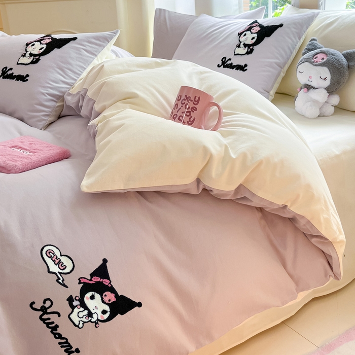 91家纺网 家纺一手货源 找家纺 雅居纺家纺 2025新款全棉纯棉磨毛三丽鸥毛巾绣四件套 爱心库洛米