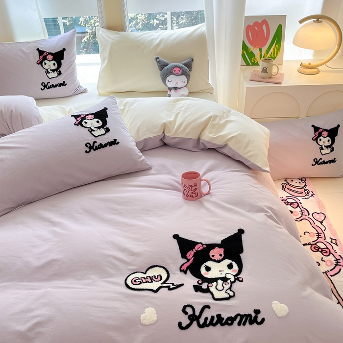 91家纺网 家纺一手货源 找家纺 雅居纺家纺 2025新款全棉纯棉磨毛三丽鸥毛巾绣四件套 爱心库洛米