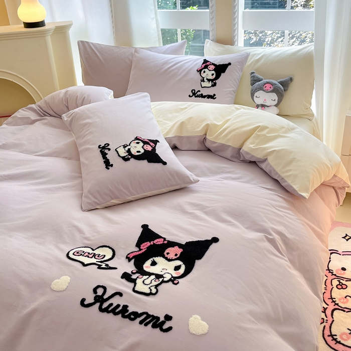 91家纺网 家纺一手货源 找家纺 雅居纺家纺 2025新款全棉纯棉磨毛三丽鸥毛巾绣四件套 爱心库洛米