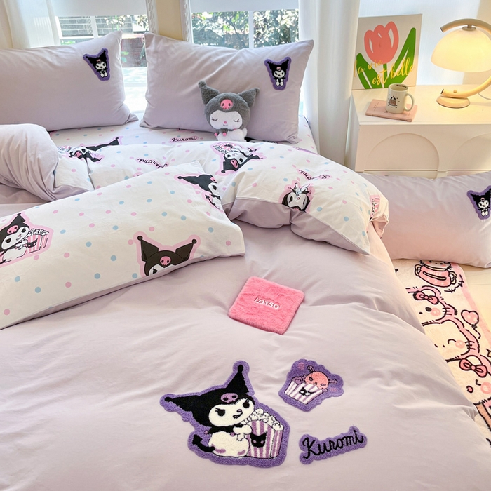 91家纺网 家纺一手货源 找家纺 雅居纺家纺 2025新款全棉纯棉磨毛三丽鸥毛巾绣四件套 百变库洛米