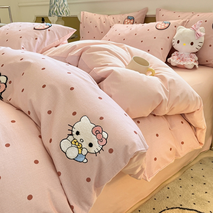 雅居纺家纺 2025新款全棉纯棉磨毛三丽鸥毛巾绣四件套 波点KT猫