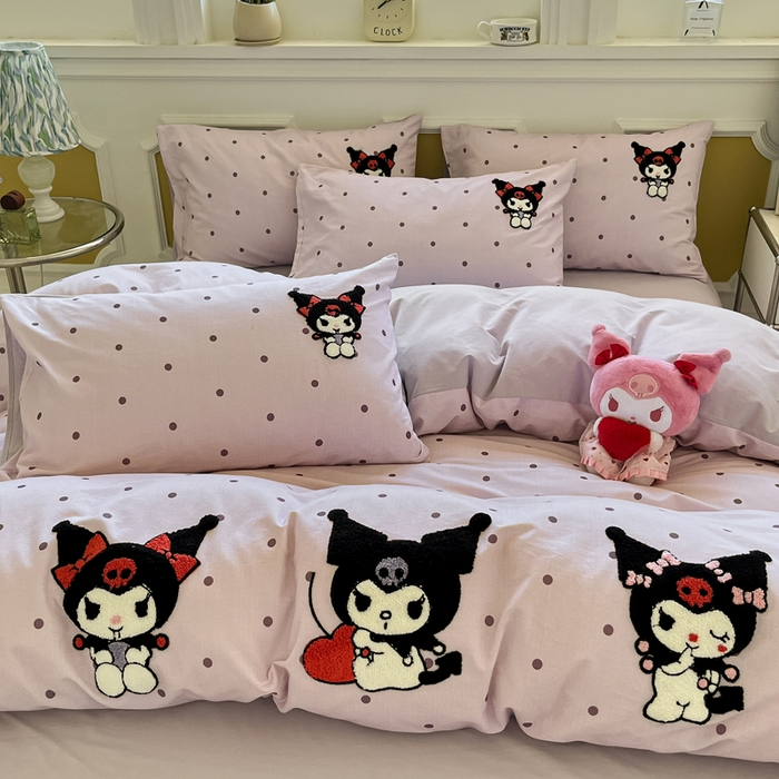 91家纺网 家纺一手货源 找家纺 雅居纺家纺 2025新款全棉纯棉磨毛三丽鸥毛巾绣四件套 波点库洛米