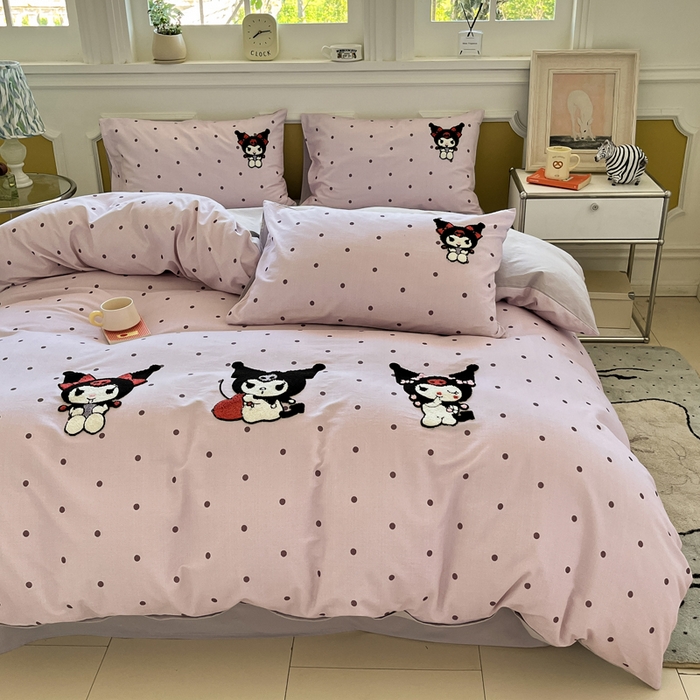 91家纺网 家纺一手货源 找家纺 雅居纺家纺 2025新款全棉纯棉磨毛三丽鸥毛巾绣四件套 波点库洛米