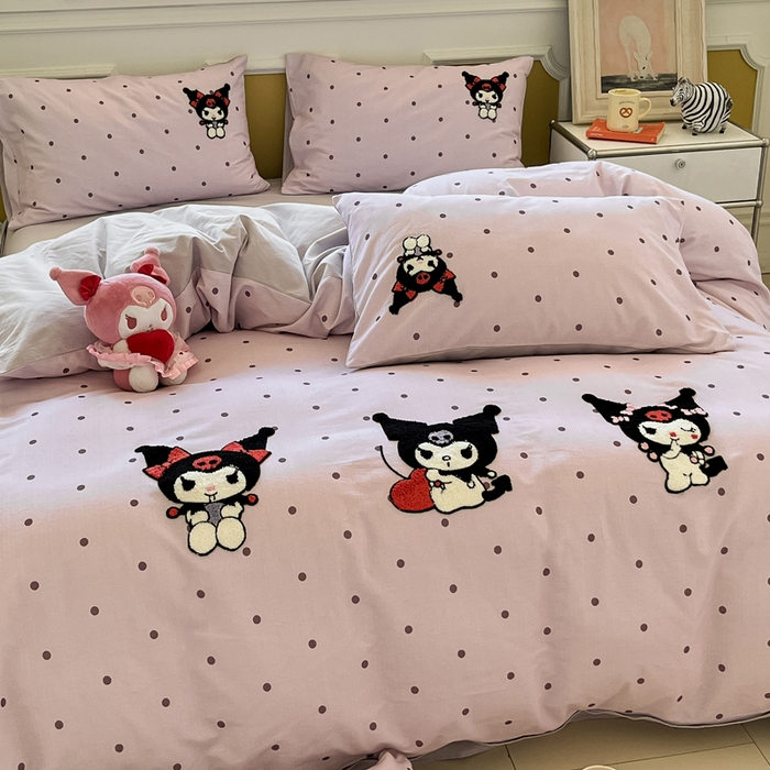 91家纺网 家纺一手货源 找家纺 雅居纺家纺 2025新款全棉纯棉磨毛三丽鸥毛巾绣四件套 波点库洛米