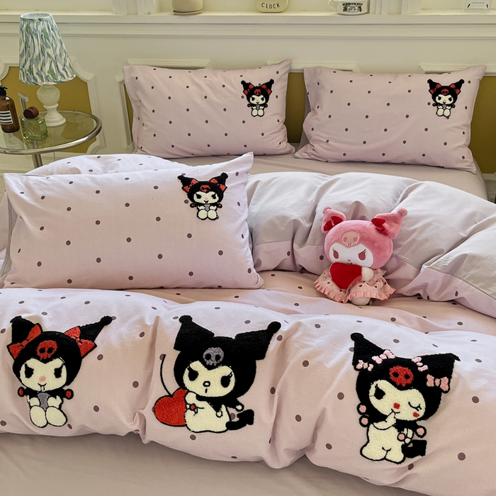 91家纺网 家纺一手货源 找家纺 雅居纺家纺 2025新款全棉纯棉磨毛三丽鸥毛巾绣四件套 波点库洛米