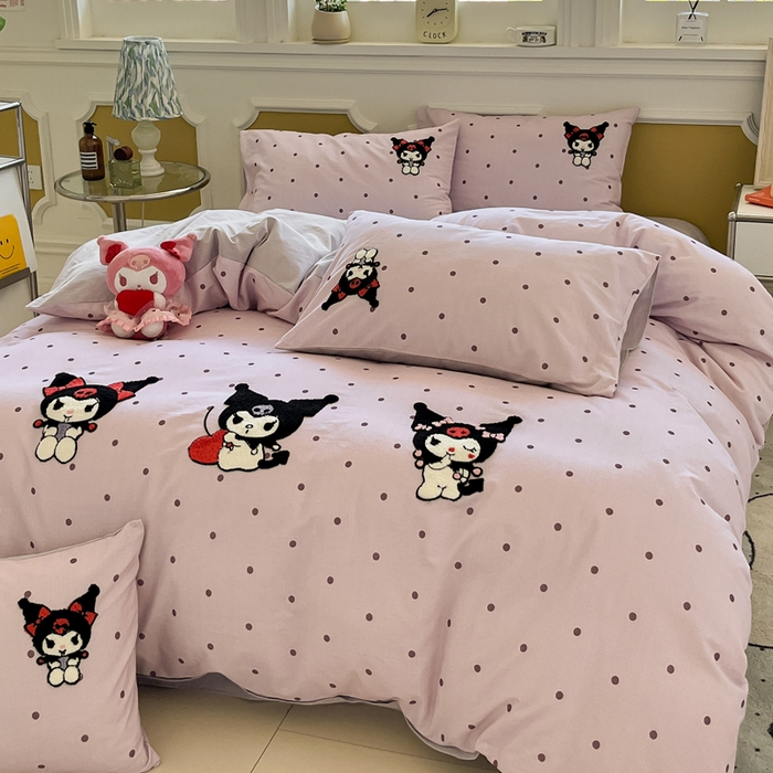 91家纺网 家纺一手货源 找家纺 雅居纺家纺 2025新款全棉纯棉磨毛三丽鸥毛巾绣四件套 波点库洛米