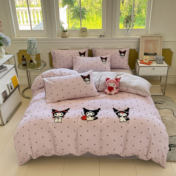 91家纺网 家纺一手货源 找家纺 雅居纺家纺 2025新款全棉纯棉磨毛三丽鸥毛巾绣四件套 波点库洛米