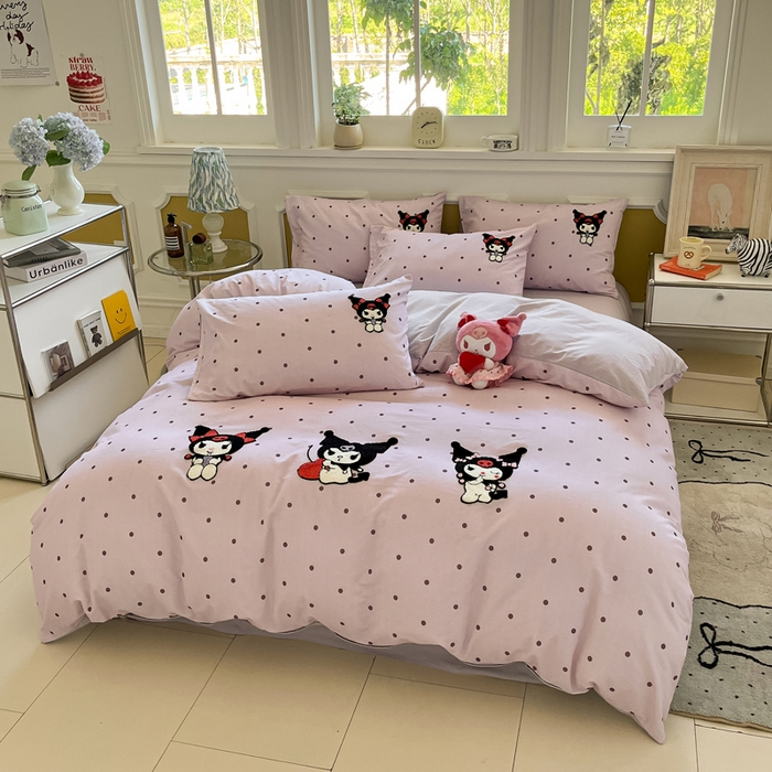 91家纺网 家纺一手货源 找家纺 雅居纺家纺 2025新款全棉纯棉磨毛三丽鸥毛巾绣四件套 波点库洛米