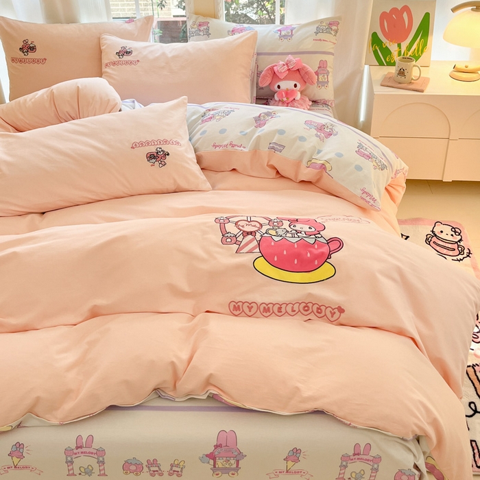 91家纺网 家纺一手货源 找家纺 雅居纺家纺 2025新款全棉纯棉磨毛三丽鸥毛巾绣四件套 草莓美乐蒂