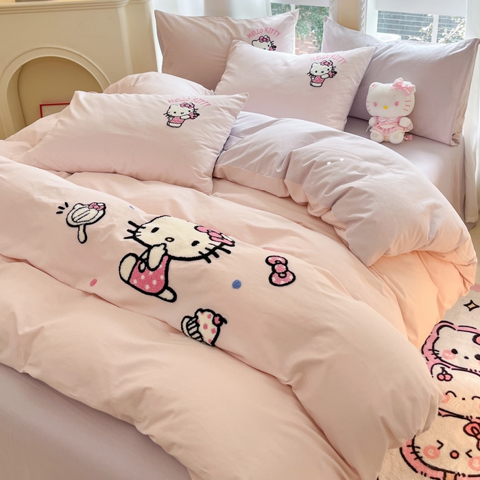 91家纺网 家纺一手货源 找家纺 雅居纺家纺 2025新款全棉纯棉磨毛三丽鸥毛巾绣四件套 蛋糕KT